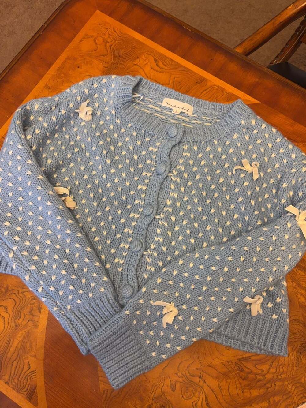 Threaded Leaf Blue and White Heart Pattern Bow Detail Cardigan Size M